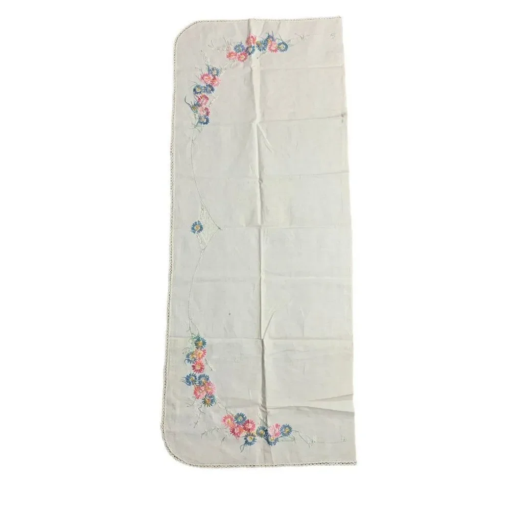 Vintage Hand Embroidered Mantle Scarf Table Runner 45 x 35 White Floral Crochet